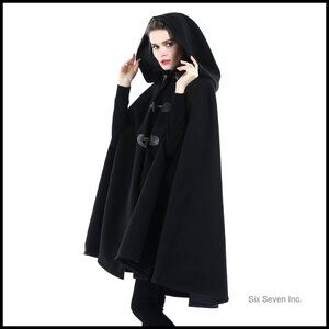 Wool Blend Cape Coat Hooded Poncho Vintage Plus Size Winter Outwear